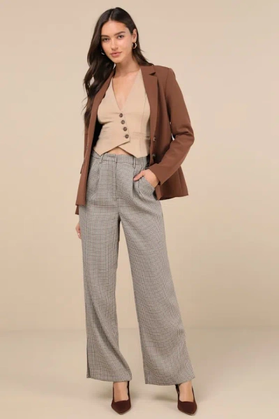 Lulus Pivotal Poise Beige Houndstooth High-rise Straight Trousers