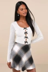 Lulus Plaid You Asked Ivory And Black Plaid Skater Mini Skirt In Black