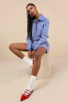 LULUS PLAYFUL BABE BLUE AND WHITE STRIPED CROPPED BUTTON-UP TOP