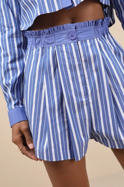 Lulus Playful Babe Blue And White Striped Ruffled Shorts