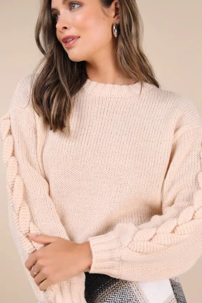 Lulus Playful Comfort Cream Cable Knit Crew Neck Pullover Sweater In White