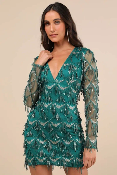 Lulus Playful Composure Green Fringe Sequin Mini Dress