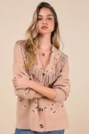 Lulus Playful Coziness Tan Bandana Print Fringe Button-up Cardigan In Tan