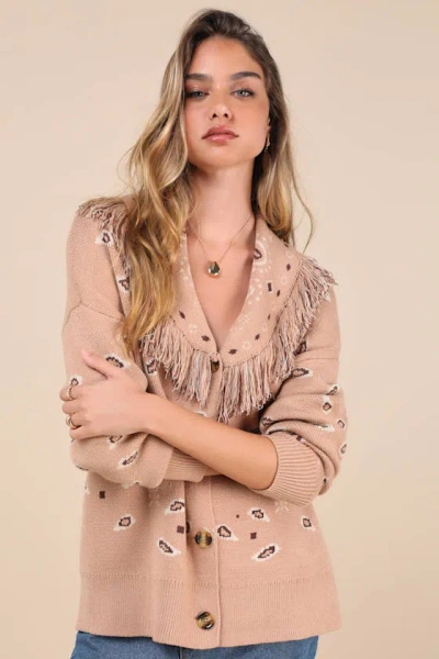 Lulus Playful Coziness Tan Bandana Print Fringe Button-up Cardigan