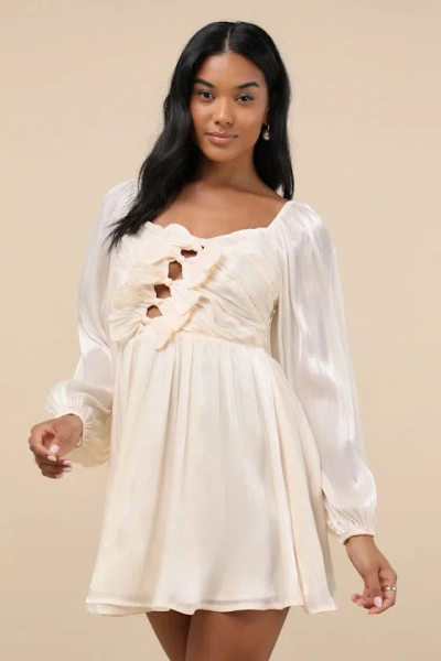 Lulus Playful Delight Champagne Bow-front Long Sleeve Mini Dress
