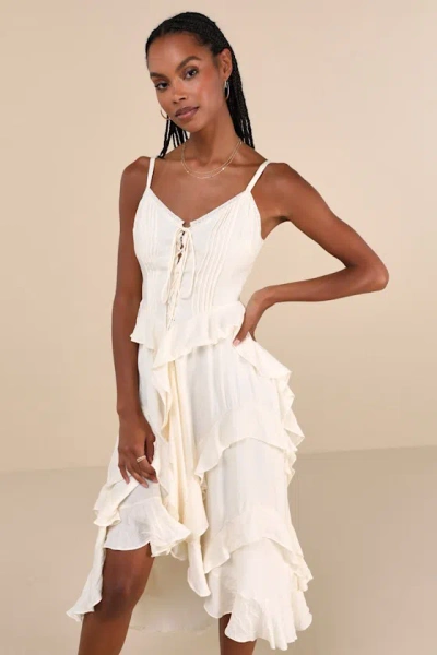 Lulus Playful Style Beige Lace-up Ruffled High-low Midi Dress