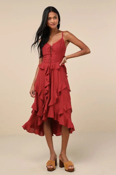 Lulus Playful Style Brick Red Lace-up Ruffled High-low Midi Dress