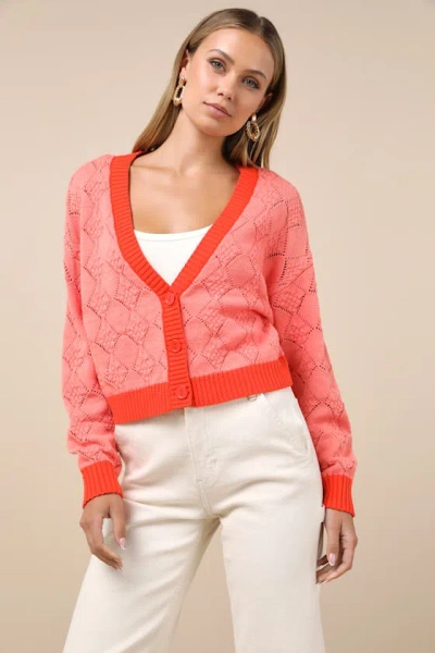 Lulus Playful Vibes Coral Pink Color Block Knit Cardigan Sweater Top