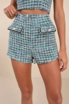 Lulus Playfully Chic Teal Green Multi Boucle High-rise Shorts In Teal Green