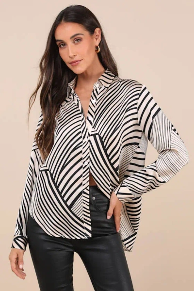 Lulus Playfully Composed Black And Cream Striped Satin Button-up Top