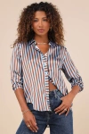Lulus Playfully Composed Brown And Blue Striped Satin Button-up Top In Brown