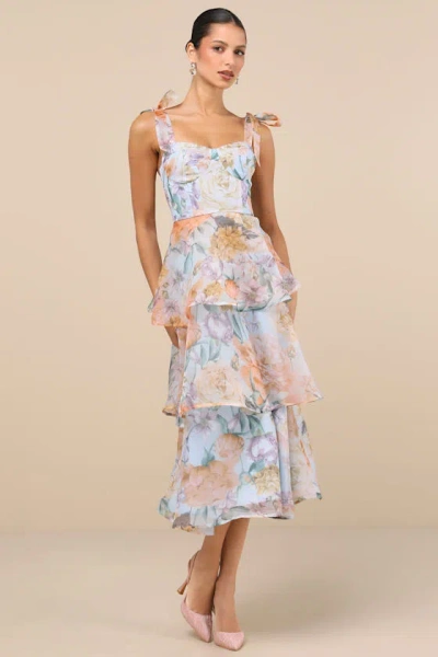 Lulus Playfully Posh Blue Floral Organza Tie-strap Tiered Midi Dress
