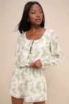 Lulus Playfully Sweet Beige And Sage Green Floral Smocked Shorts In Sage Green