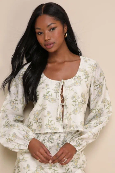 Lulus Playfully Sweet Beige And Sage Green Floral Tie-front Top