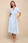Lulus Pleasant Cutie Blue Chambray Collared Midi Dress With Pockets In Blue