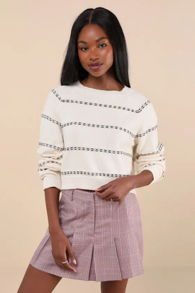 Lulus Pleasant Perception Ivory Stitched Long Sleeve Sweater