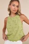Lulus Pleasant Personality Green Floral Embroidered Crew Neck Tank Top In Green