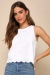 Lulus Pleasant Personality White Floral Embroidered Crew Neck Tank Top In White