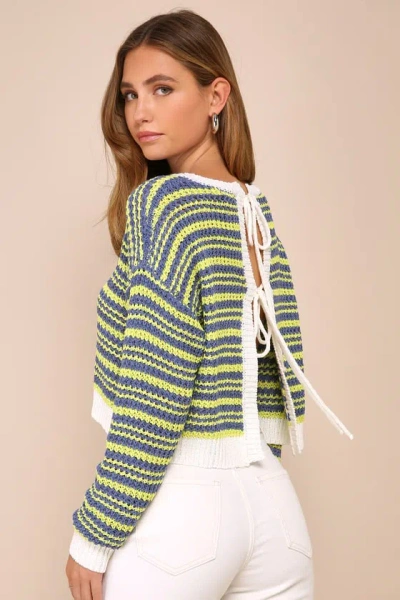Lulus Pleasant Vibes Blue And Lime Green Striped Tie-back Crochet Top