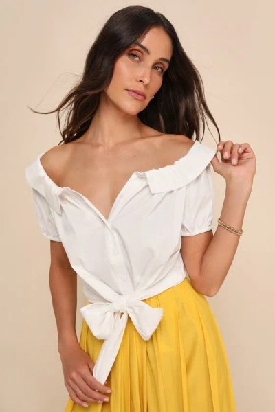 Lulus Pleasantly Perfect Ivory Off-the-shoulder Collared Tie-front Top