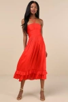 Lulus Pleasing Chicness Red Satin Halter Tiered Midi Dress In Red