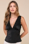 Lulus Pleasing Perfection Black Satin Lace V-neck Tank Top In Black