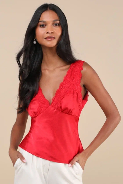 Lulus Pleasing Perfection Red Satin Lace V-neck Tank Top