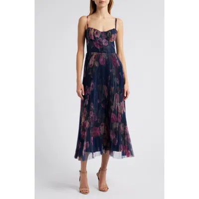 Lulus Pleated Bustier Cocktail Dress In Navy/magenta/green Floral