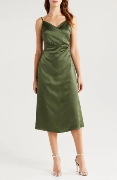 Lulus Pleated Satin A-line Midi Cocktail Dress In Dark Olive Green