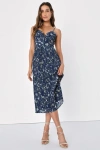 Lulus Poise And Perfection Navy Floral Print Pleated Midi Dress In Navy