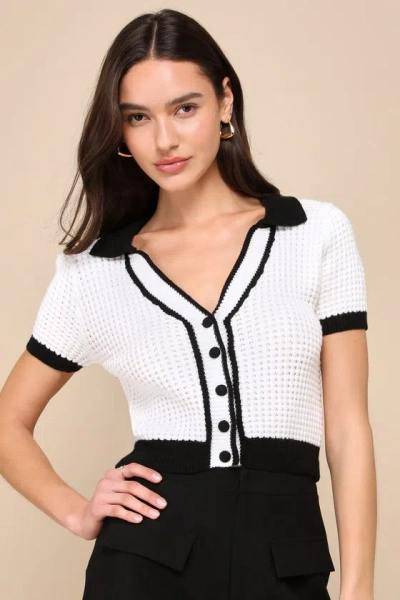 Lulus Poised Achievement Ivory And Black Short Sleeve Collared Sweater