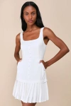Lulus Poised And Chic White Linen Pleated Mini Dress With Pockets In White