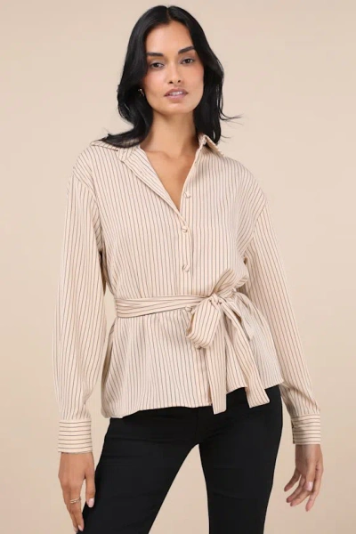 Lulus Poised Composure Beige Striped Satin Long Sleeve Button-up Top