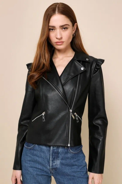 Lulus Poised Cool Black Vegan Leather Ruffle Shoulder Moto Jacket