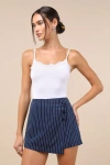 Lulus Poised Cutie Navy Blue Pinstriped Side-button High-rise Skort In Navy Blue