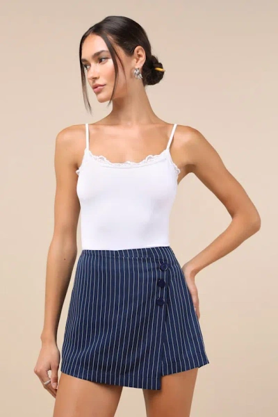 Lulus Poised Cutie Navy Blue Pinstriped Side-button High-rise Skort