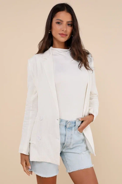 Lulus Poised Design White Linen Textured Double-breasted Blazer