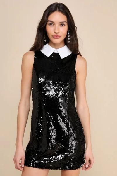 Lulus Poised Effect Black Sequin Sleeveless Collared Mini Dress