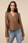Lulus Poised Essence Brown Collared Button-up Long Sleeve Top In Brown