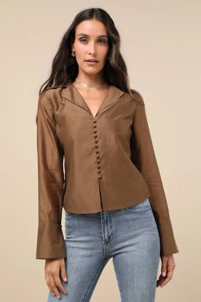Lulus Poised Essence Brown Collared Button-up Long Sleeve Top