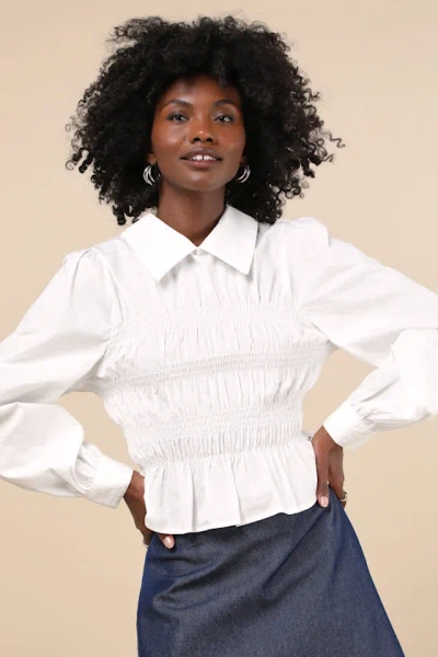Lulus Poised Esteem White Cotton Smocked Collared Long Sleeve Top