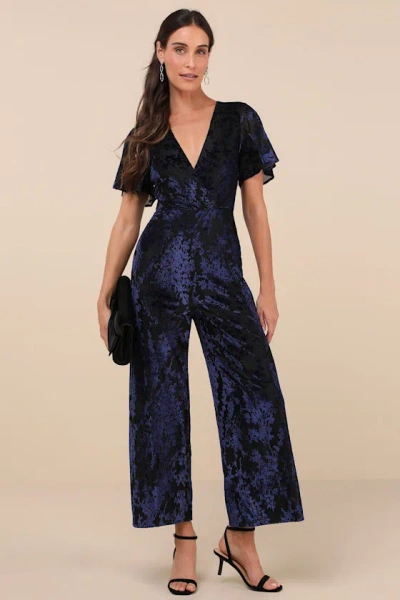 Lulus Poised Excellence Black And Blue Velvet Burnout Jumpsuit
