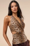 Lulus Poised Expert Brown Leopard Halter Cutout Peplum Top In Brown
