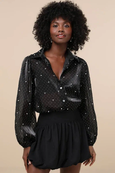 Lulus Poised Glam Black Sheer Rhinestone Button-up Top