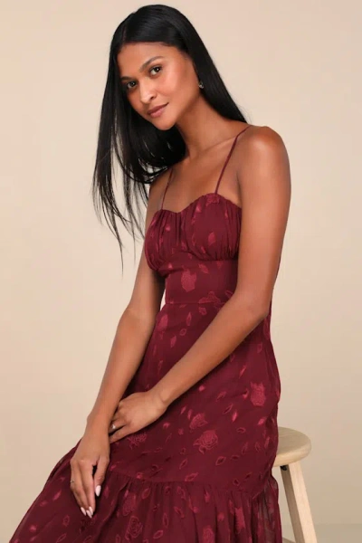 Lulus Poised Grace Burgundy Burnout Floral Bustier Tiered Maxi Dress