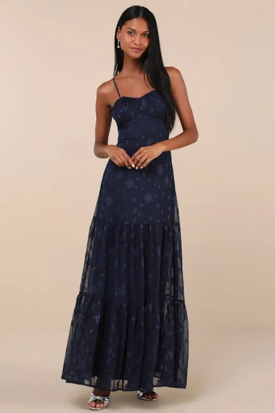 Lulus Poised Grace Navy Blue Burnout Floral Bustier Tiered Maxi Dress