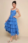 Lulus Poised Impression Blue Tiered Ruffled Cutout Midi Dress In Blue