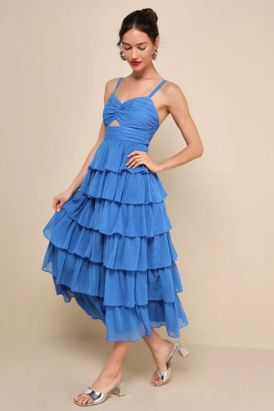 Lulus Poised Impression Blue Tiered Ruffled Cutout Midi Dress