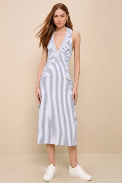 Lulus Poised In Palermo White And Blue Striped Cutout Midi Dress