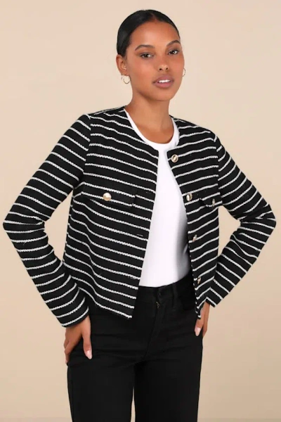 Lulus Poised Inclination Black And White Striped Collarless Jacket